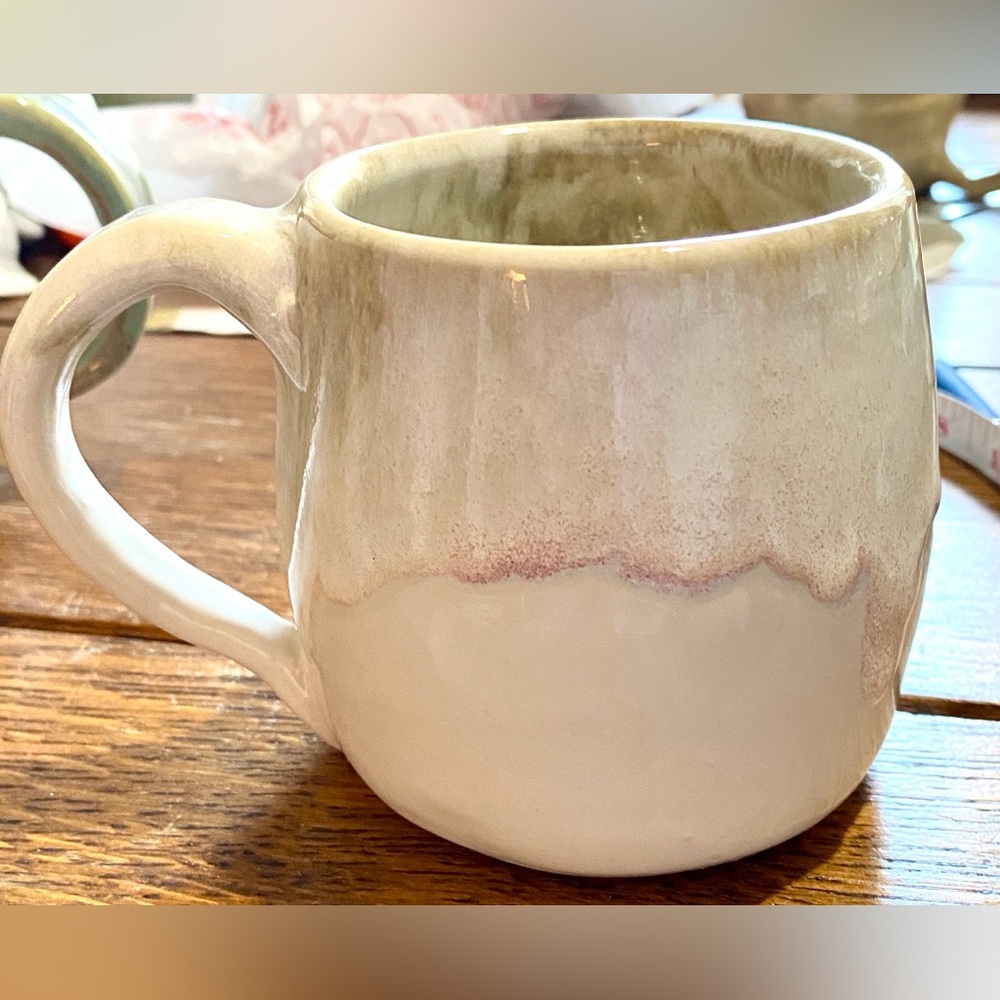 White, Olive Green & Pink Drip Glaze Handmade Mug.  NWOT.  Glaze is Shiny.
